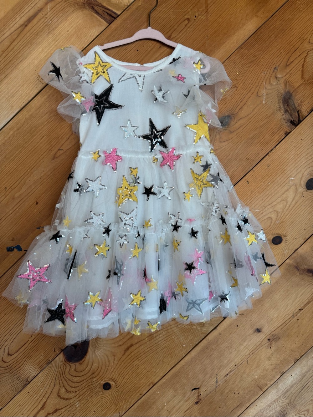 Lola + The Boys White Tulle Dress with Pink, Yellow & Black Stars
